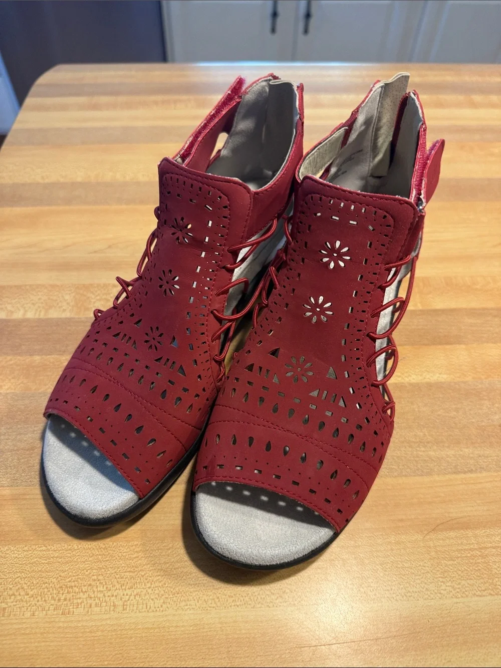 JBU Red Laser-Cut Peep-Toe Lace-Up Sandals - Picture 6 of 6